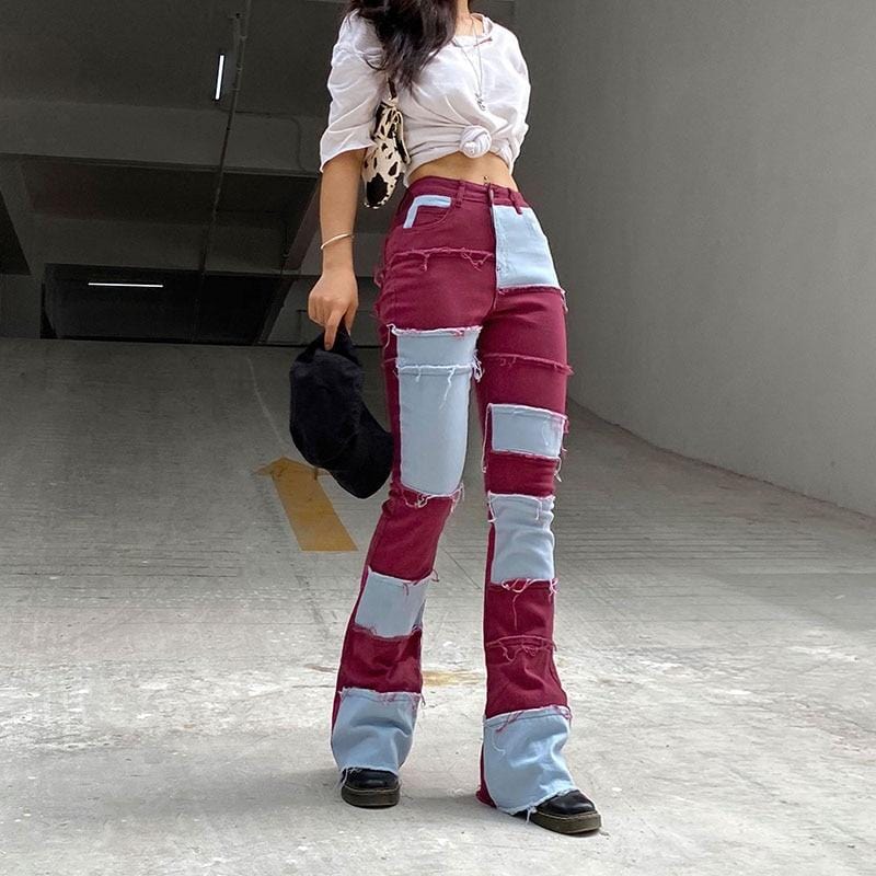 Patchwork Color Block Flare Jeans - Ghoul RIP