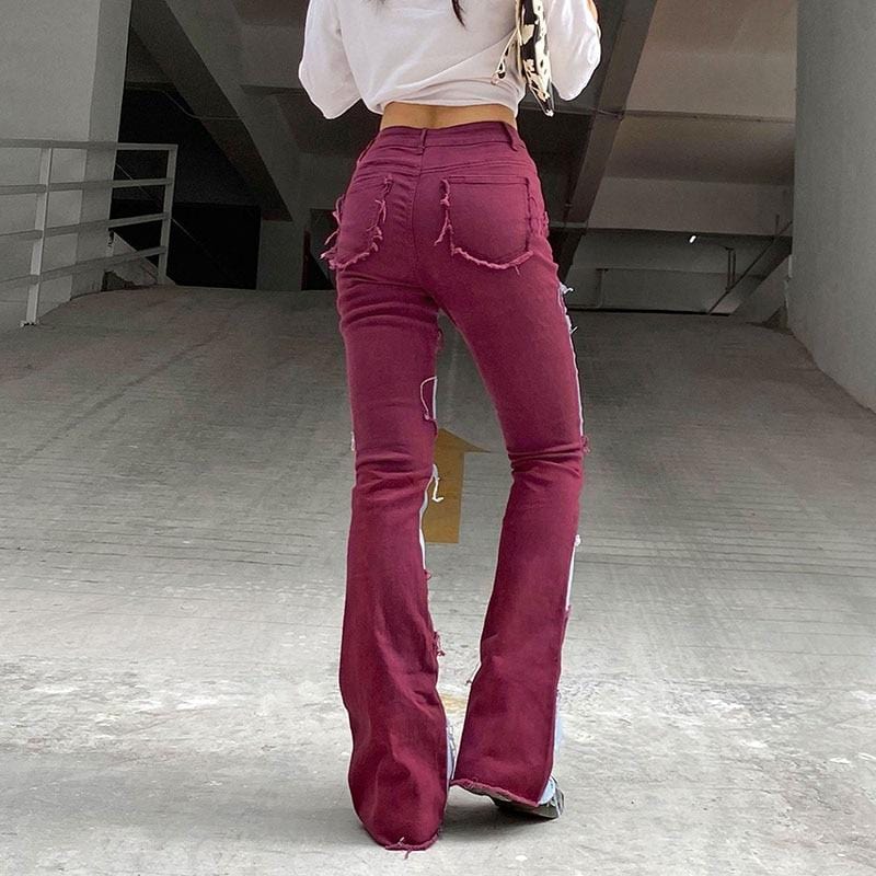 Patchwork Color Block Flare Jeans - Ghoul RIP