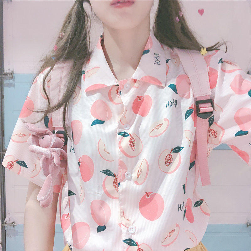 Peach Pattern Short Sleeve Button Up - Ghoul RIP