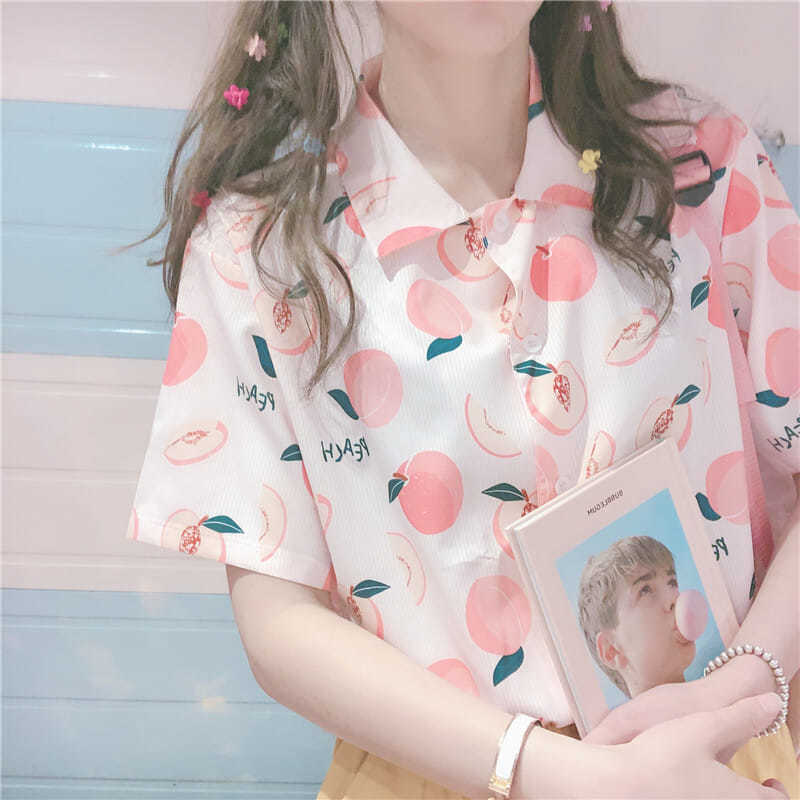 Peach Pattern Short Sleeve Button Up - Ghoul RIP