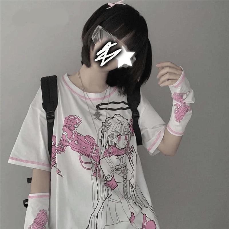 Pink & White Cyberpunk Anime Tee & Arm Warmers Set - Ghoul RIP