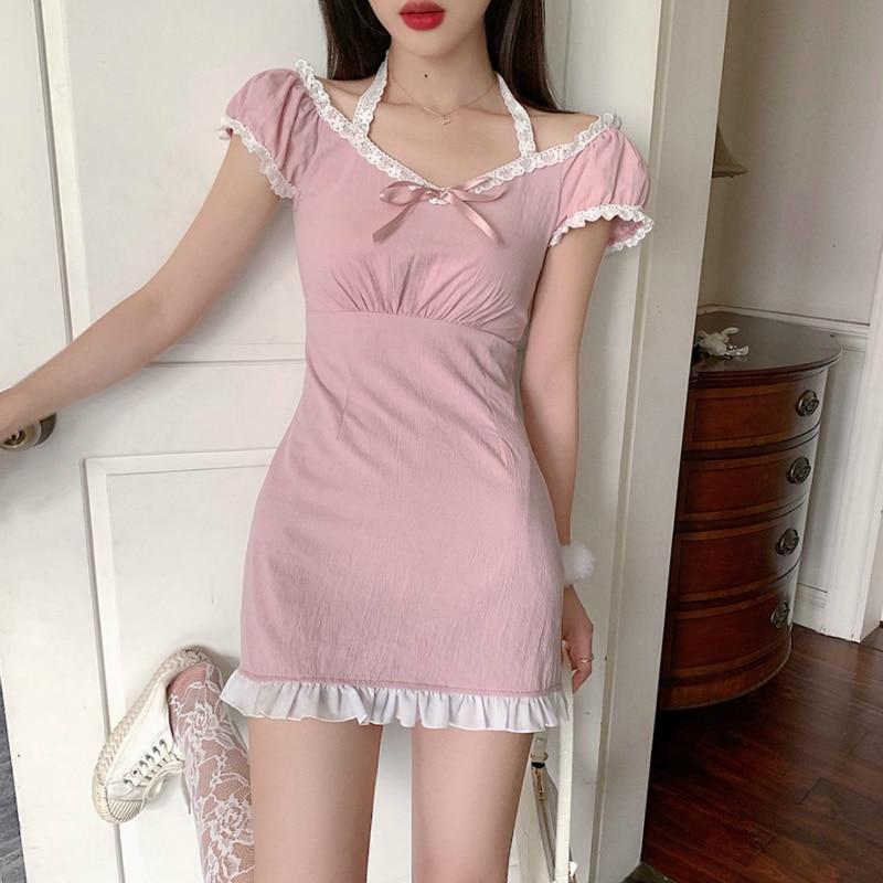 Pink Empire Waist Mini Dress With White Lace - Ghoul RIP