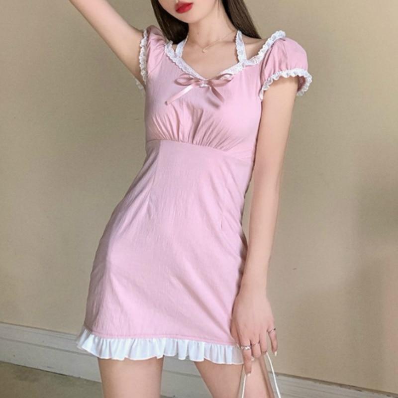 Pink Empire Waist Mini Dress With White Lace - Ghoul RIP