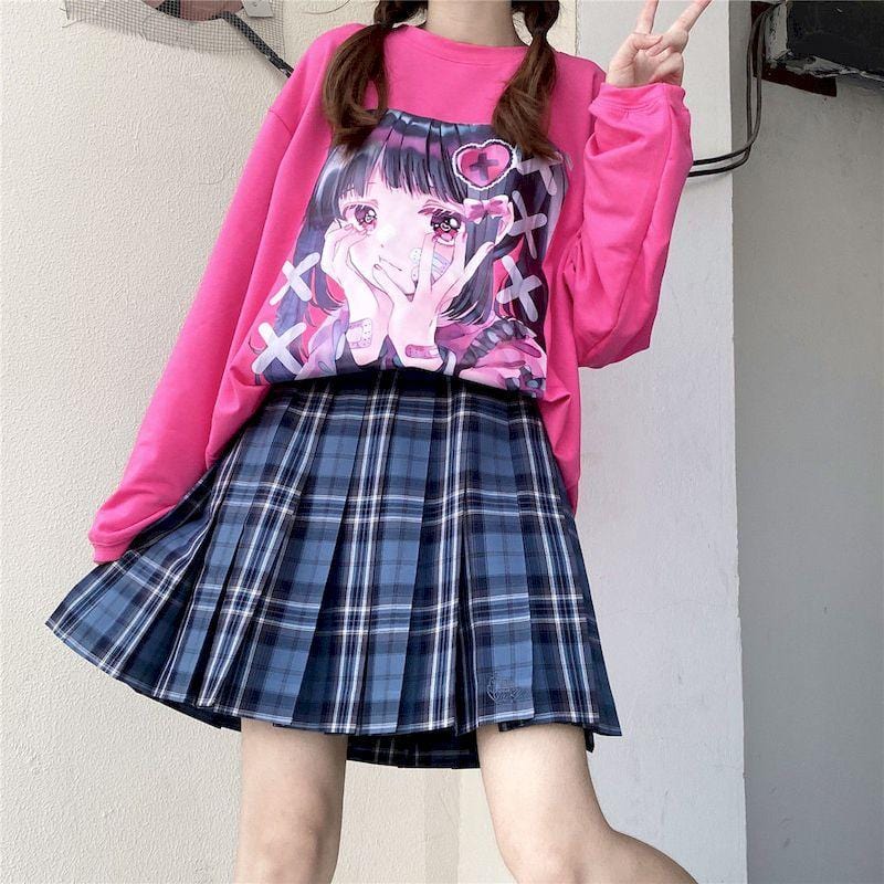 Pink Gothic Lolita Anime Girl Long Sleeve Tee - Ghoul RIP