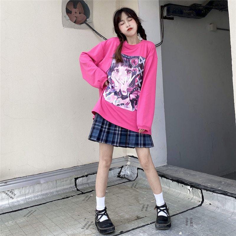 Pink Gothic Lolita Anime Girl Long Sleeve Tee - Ghoul RIP