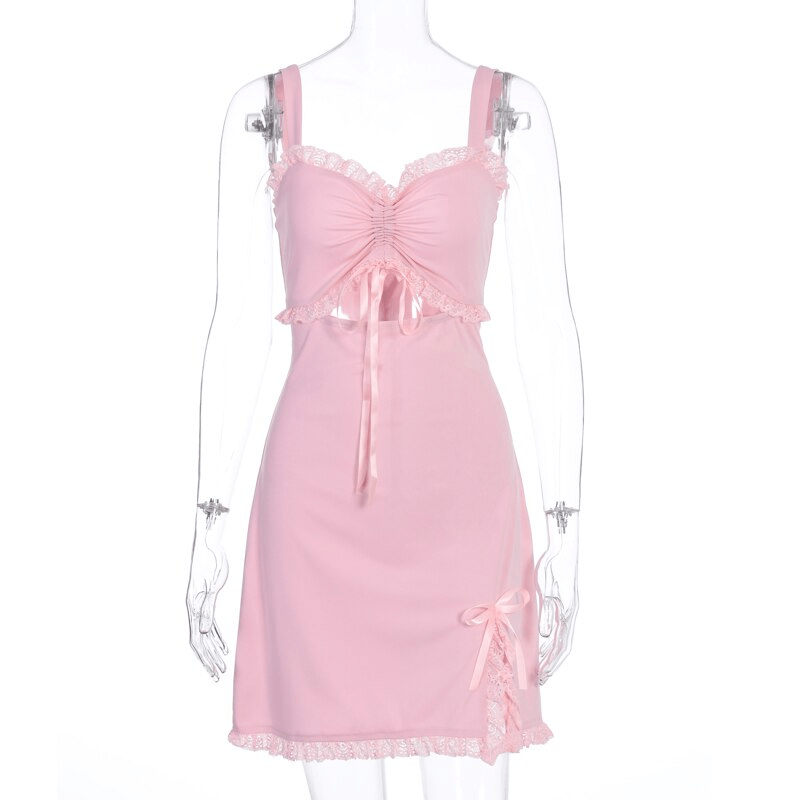 Pink Lace Details Sweetheart Neckline Mini Dress - Ghoul RIP