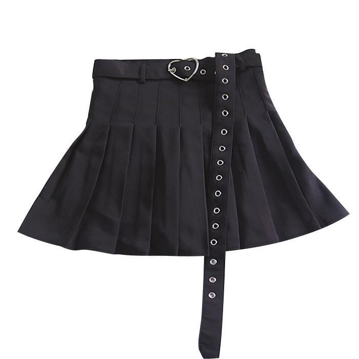 Pleated High Waist Skirt With Heart Belt - Ghoul RIP