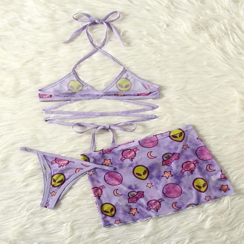 Purple Alien Print Strappy Bikini With Skirt Wrap - Ghoul RIP