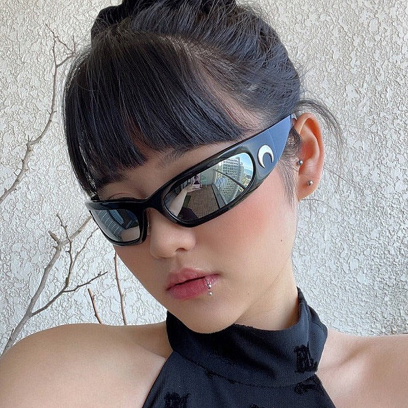 Rectangular Wrap Sunglasses With Crescent Moon Design - Ghoul RIP