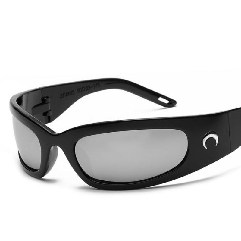 Rectangular Wrap Sunglasses With Crescent Moon Design - Ghoul RIP