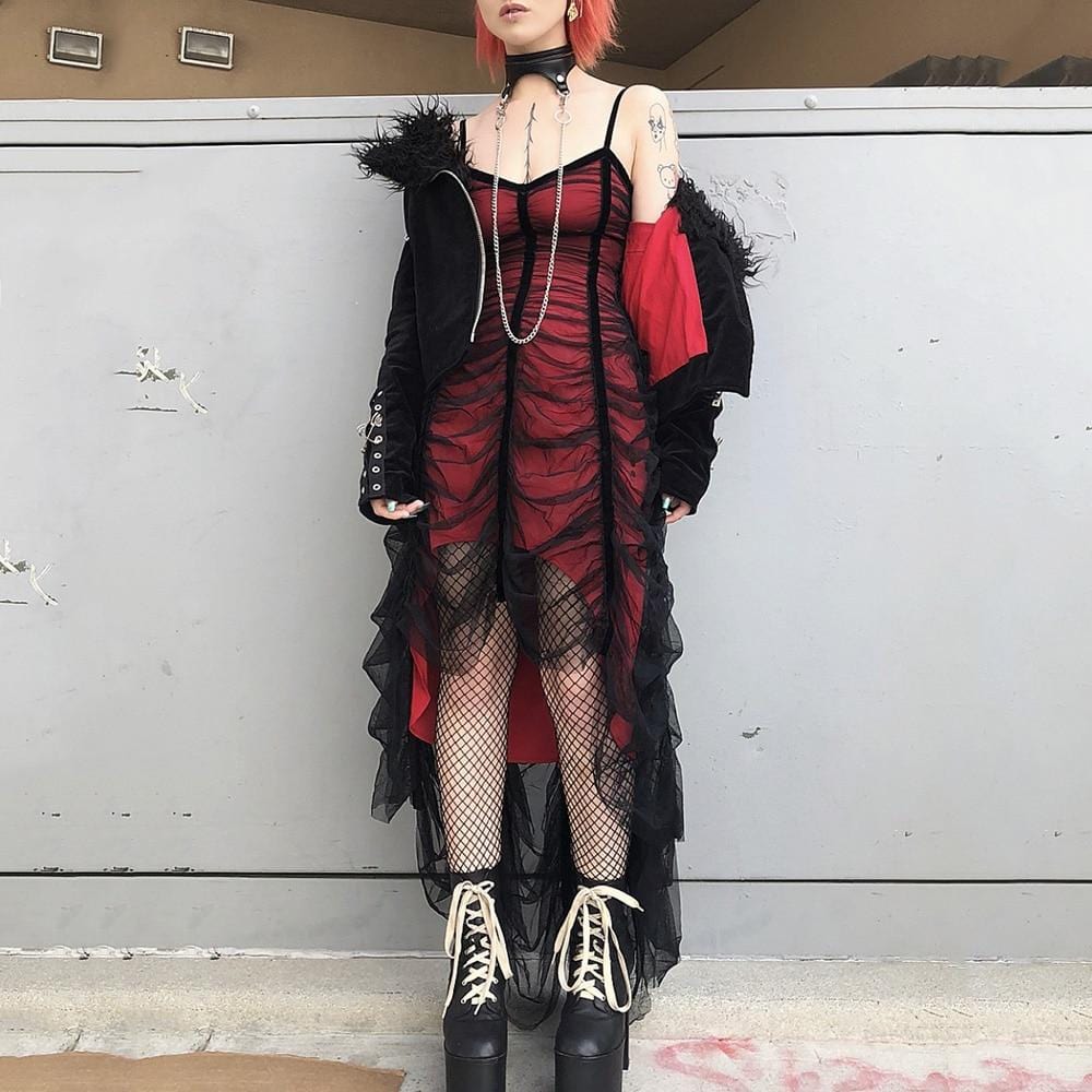 Red & Black High Low Dress With Ruffled Mesh - Ghoul RIP