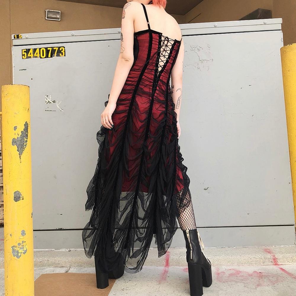 Red & Black High Low Dress With Ruffled Mesh - Ghoul RIP
