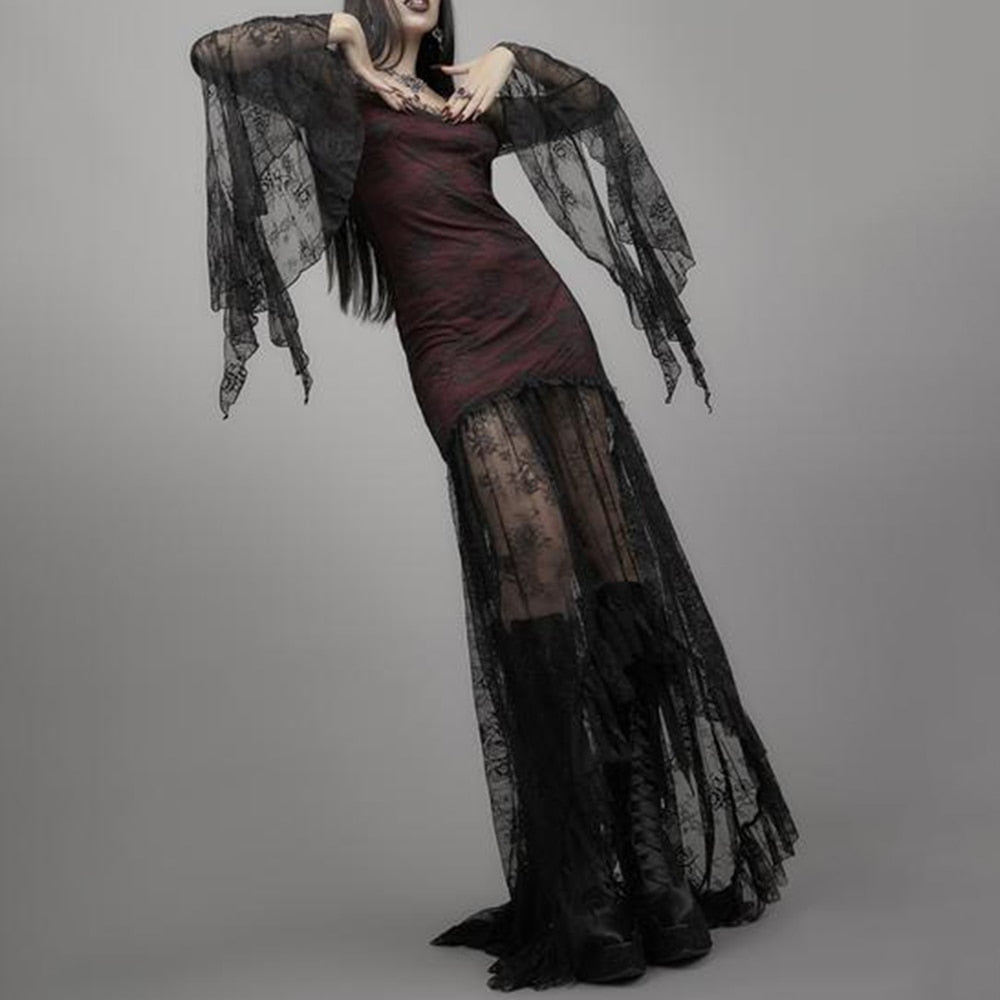 Red & Black Lace Gothic Sleeved Maxi Dress - Ghoul RIP