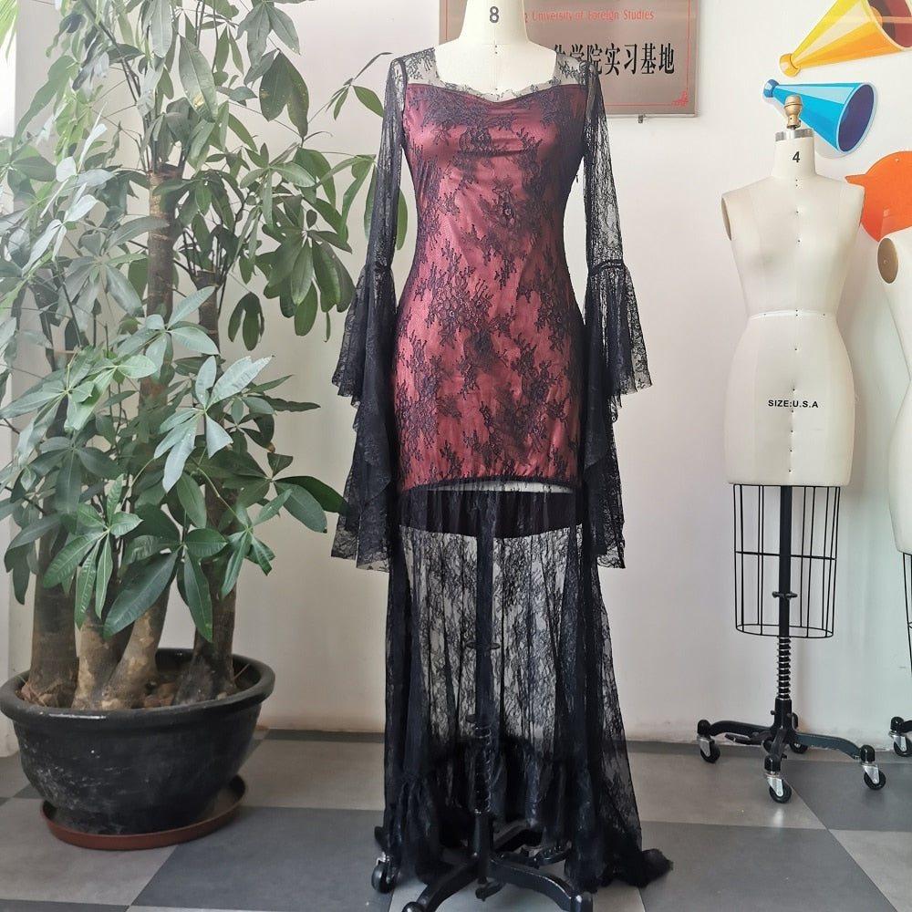 Red & Black Lace Gothic Sleeved Maxi Dress - Ghoul RIP