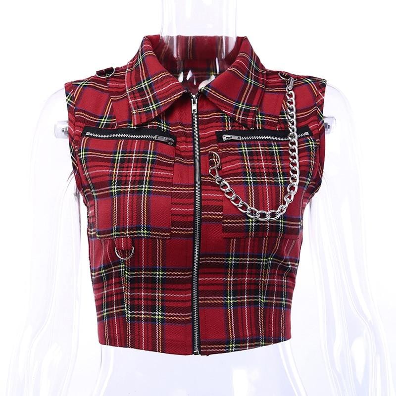 Red Plaid Punk Cropped Vest - Ghoul RIP