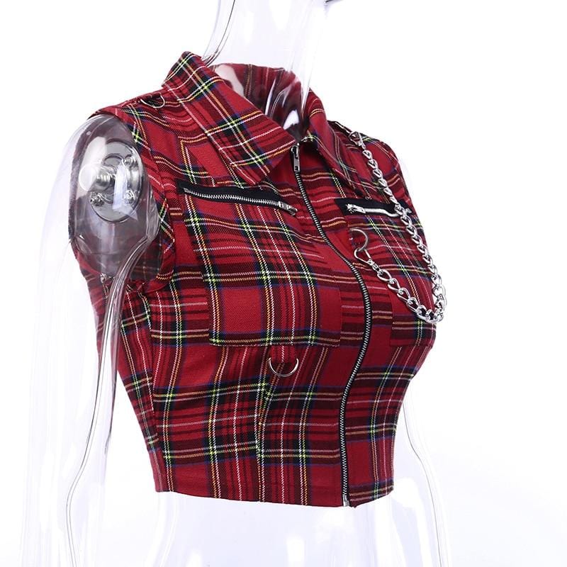 Red Plaid Punk Cropped Vest - Ghoul RIP