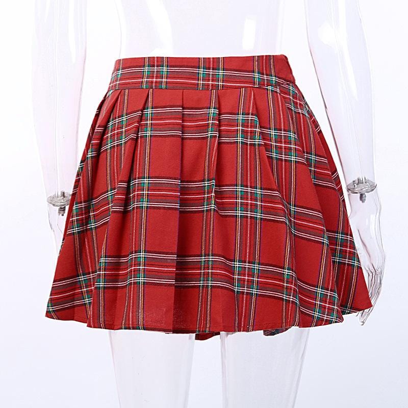 Red Plaid Punk Pleated Mini Skirt - Ghoul RIP
