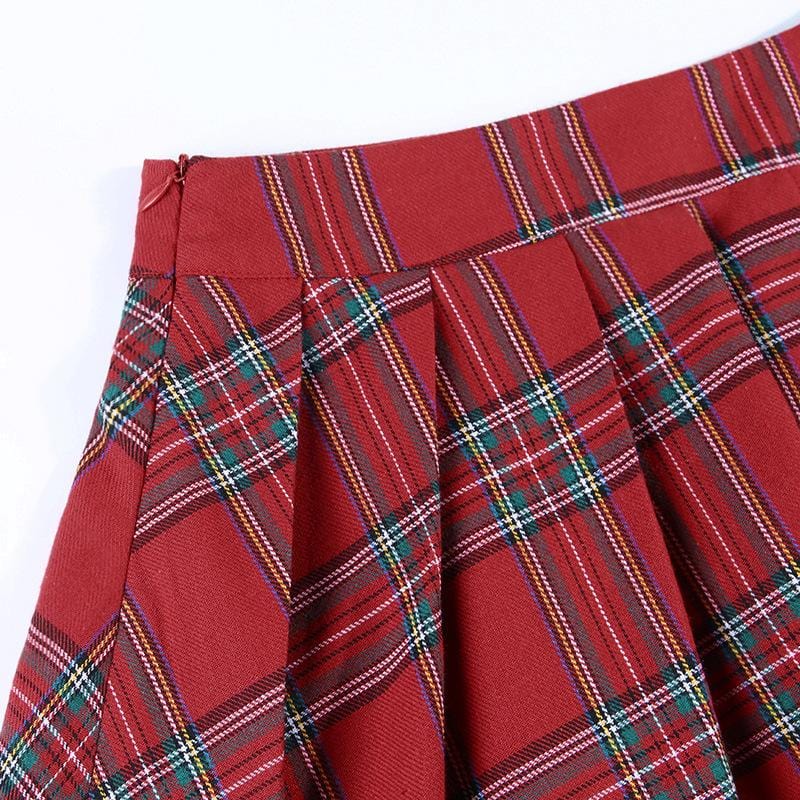 Red Plaid Punk Pleated Mini Skirt - Ghoul RIP
