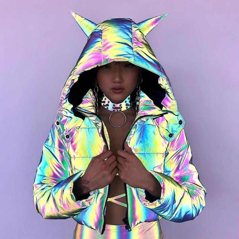 Reflective Cropped Puffer Jacket With Devil Horns - Ghoul RIP