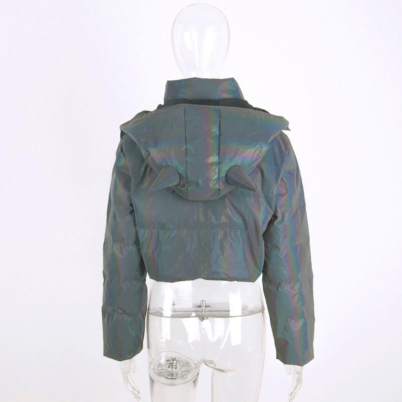 Reflective Cropped Puffer Jacket With Devil Horns - Ghoul RIP