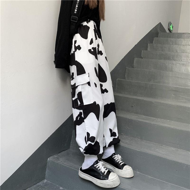 Relaxed Fit Cow Print Cargo Pants - Ghoul RIP