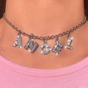 Rhinestone 'Angel' Letter Charm Choker Chain Necklace - Ghoul RIP
