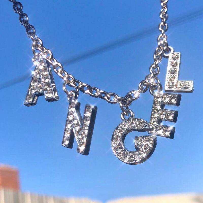 Rhinestone 'Angel' Letter Charm Choker Chain Necklace - Ghoul RIP