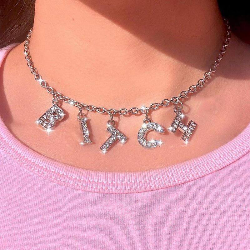 Rhinestone 'Bitch' Letter Charm Choker Chain Necklace - Ghoul RIP