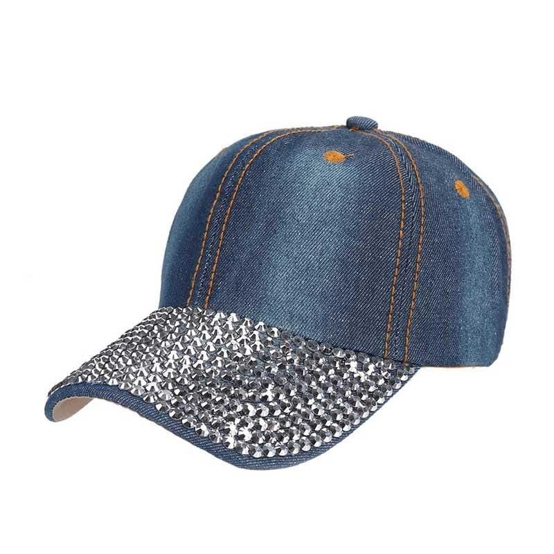 Rhinestone Brim Light Wash Denim Baseball Cap - Ghoul RIP