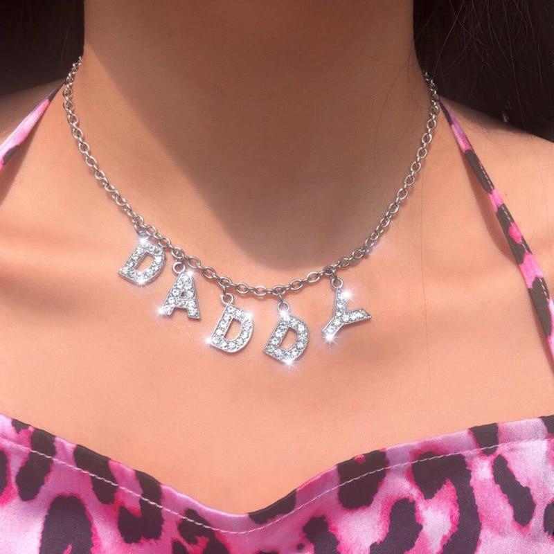 Rhinestone 'Daddy' Letter Charm Choker Chain Necklace - Ghoul RIP