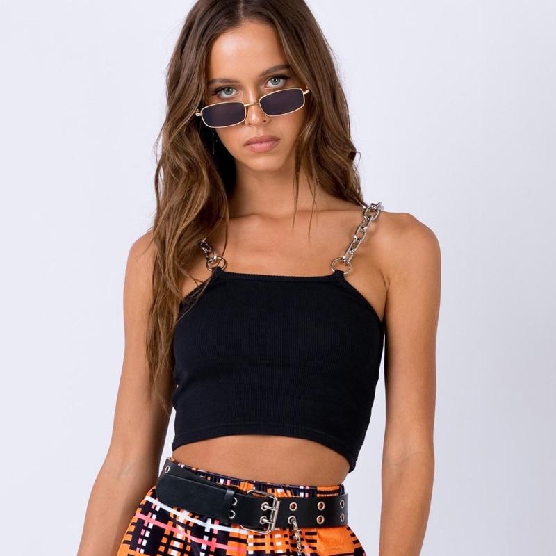 Rib Knit Cropped Cami With Chain Straps - Ghoul RIP