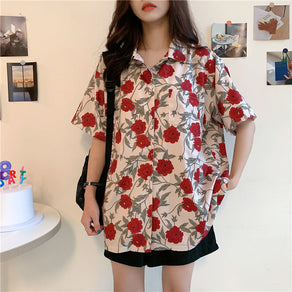 Rose Floral Pattern Short Sleeve Button Up - Ghoul RIP