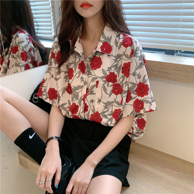 Rose Floral Pattern Short Sleeve Button Up - Ghoul RIP