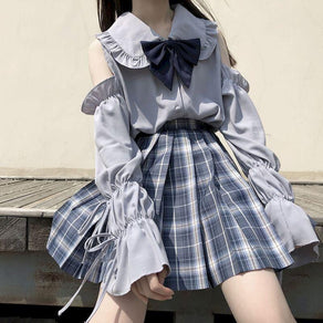 Ruffled Blouse With Bow & Pleated Plaid Skirt Set - Ghoul RIP
