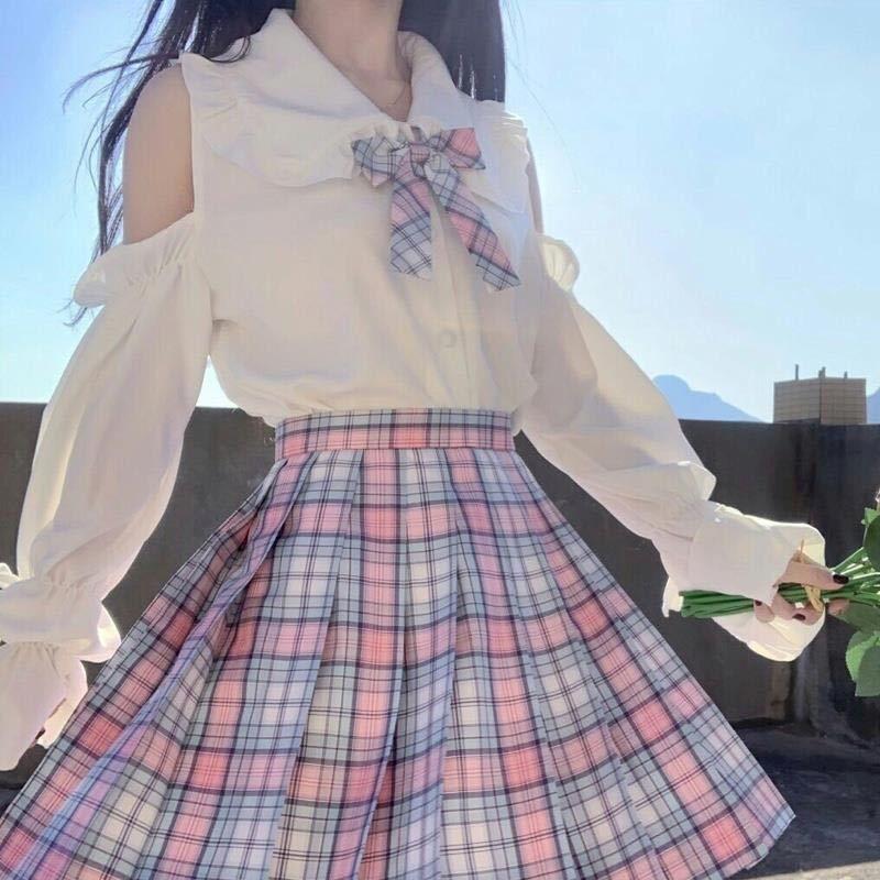 Ruffled Blouse With Bow & Pleated Plaid Skirt Set - Ghoul RIP