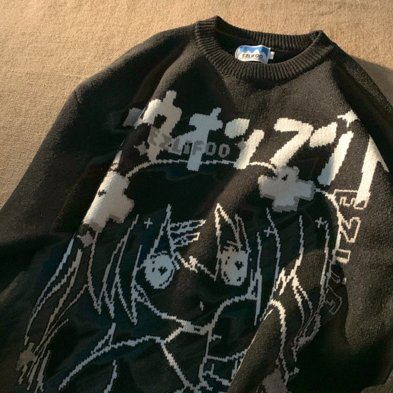 Sad Anime Girl Jacquard Knit Sweater - Ghoul RIP