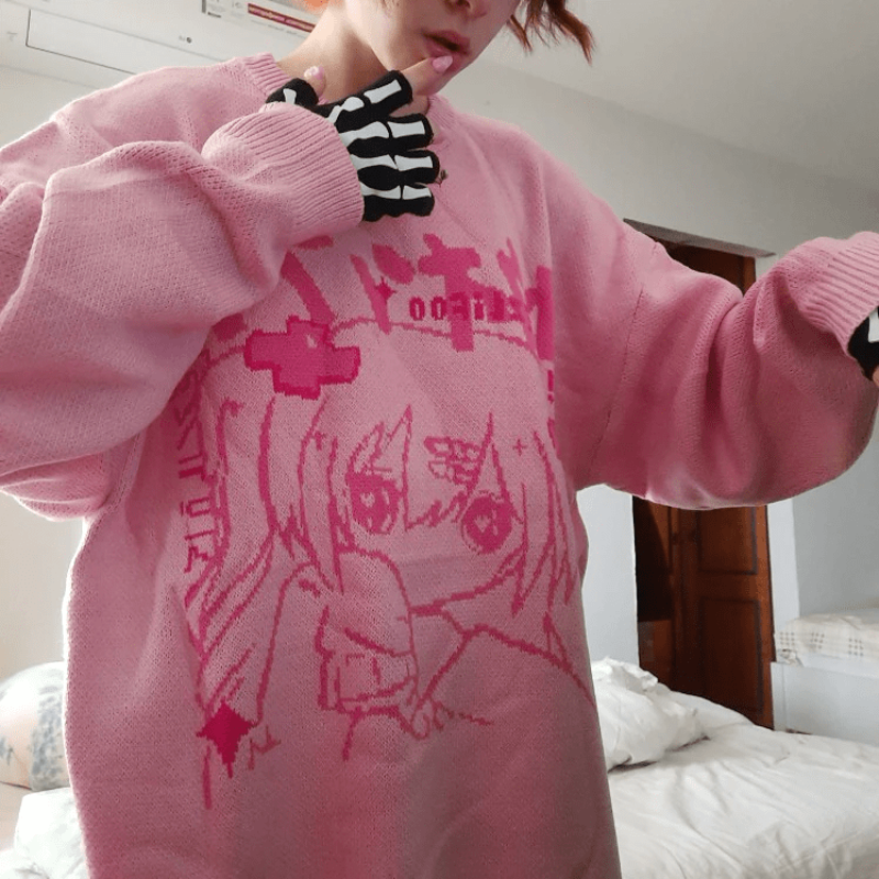 Sad Anime Girl Jacquard Knit Sweater - Ghoul RIP