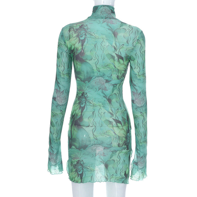 Sheer Abstract Print Sleeved Mini Dress - Ghoul RIP