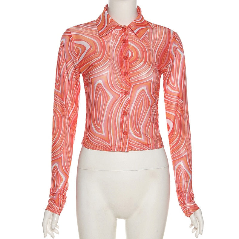 Sheer Abstract Wave Print Button Down - Ghoul RIP