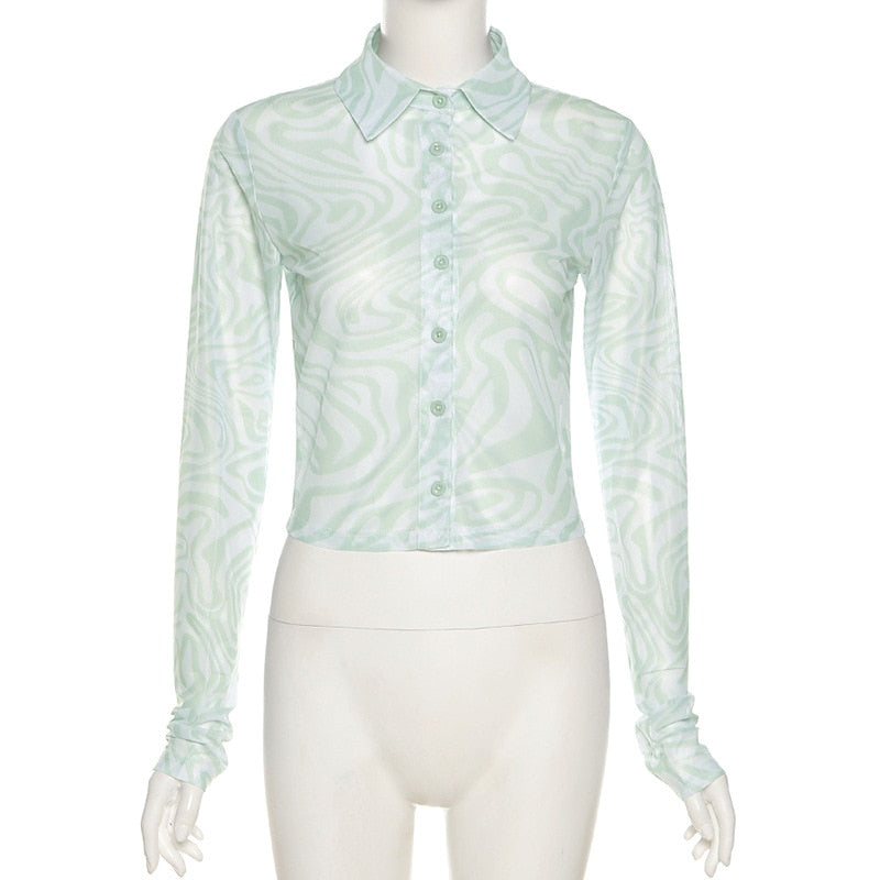 Sheer Abstract Wave Print Button Down - Ghoul RIP