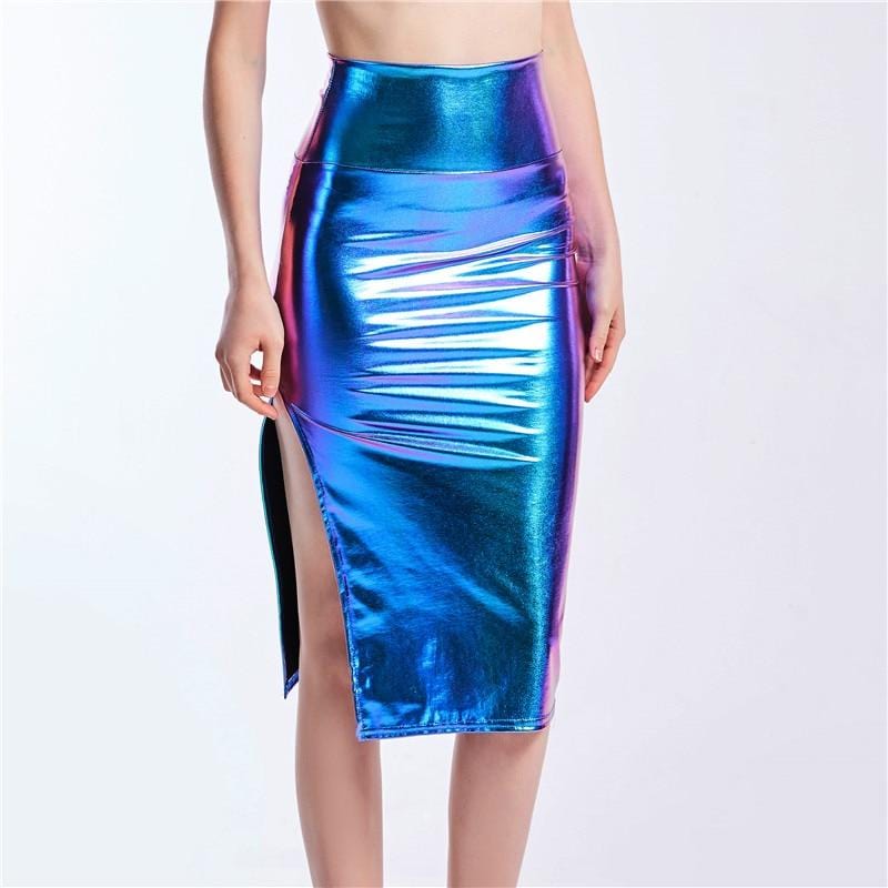 Shiny High Waist Slitted Pencil Skirt - Ghoul RIP
