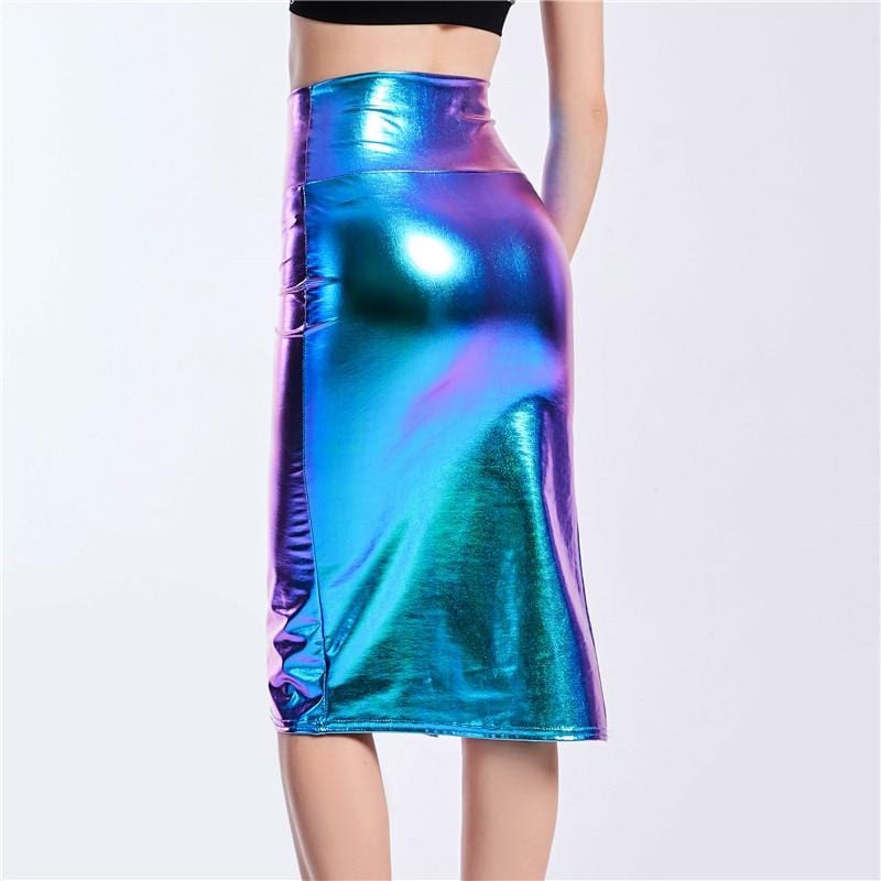 Shiny High Waist Slitted Pencil Skirt - Ghoul RIP