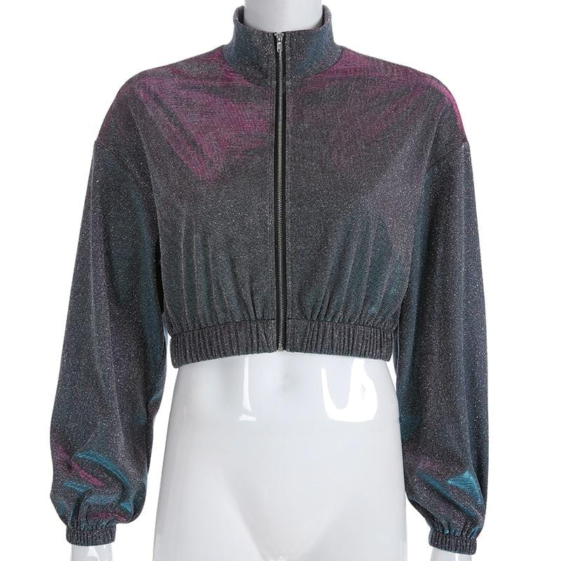 Shiny Sequin Cropped Track Jacket - Ghoul RIP