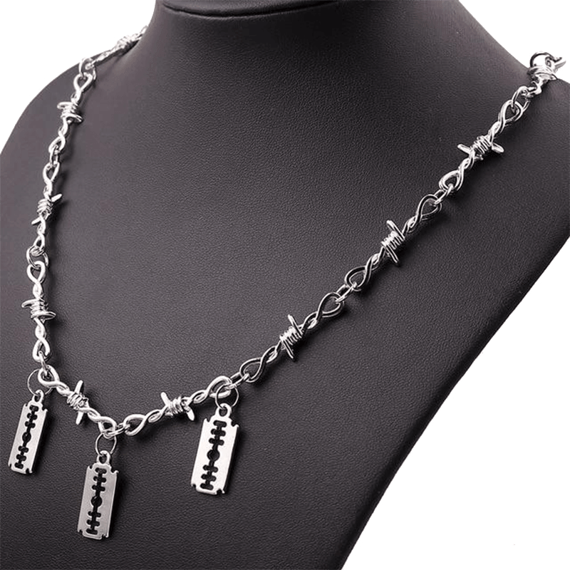 Silver Barbed Wire Chain Necklace With Razor Pendants - Ghoul RIP
