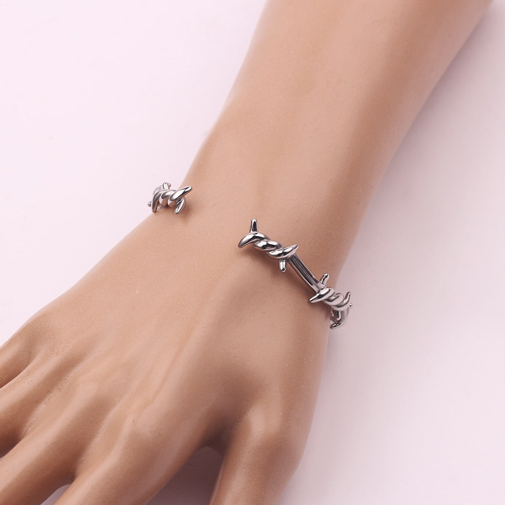 Silver Barbed Wire Open Bangle Bracelet - Ghoul RIP