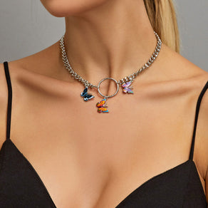 Silver Chain Choker With Colorful Butterfly Pendants - Ghoul RIP