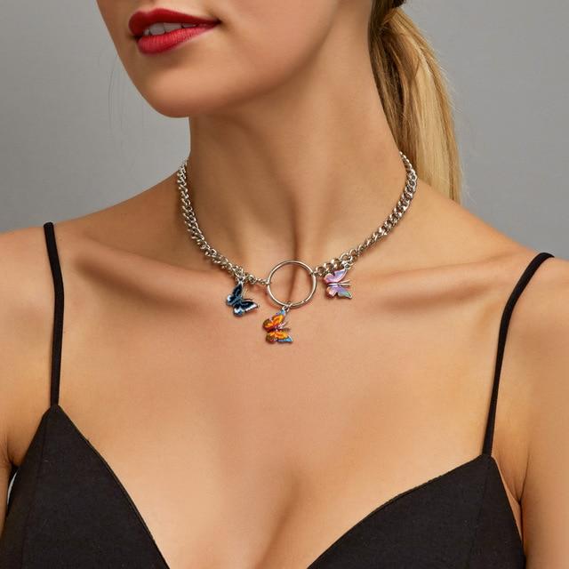 Silver Chain Choker With Colorful Butterfly Pendants - Ghoul RIP