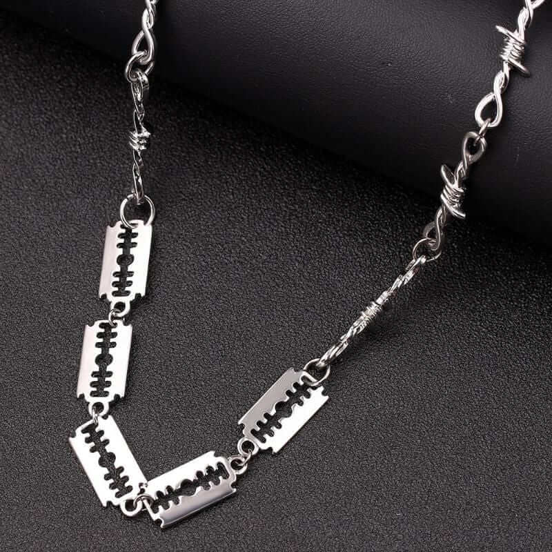 Silver Razor Blades & Barbed Wire Chain Necklace - Ghoul RIP