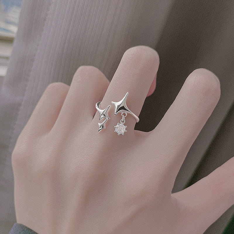 Silver Sparkle Stars Ring With CZ Diamond Charm - Ghoul RIP
