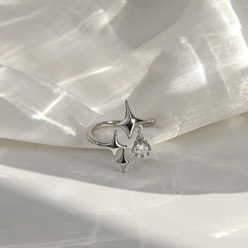 Silver Sparkle Stars Ring With CZ Diamond Charm - Ghoul RIP